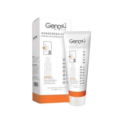 ضد آفتاب SPF50 ژنوبایوتیک پوست چرب بژ طبیعیGeno Biotic SunoGen Sunscreen Cream SPF 50 50 gr