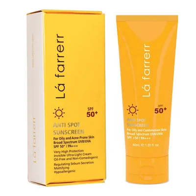 کرم ضدآفتاب و ضد لک بی رنگ spf50 پوست چرب لافارر   Lafarrerr Anti Spot SPF50 Sunscreen Cream For Oily And Acne Skin