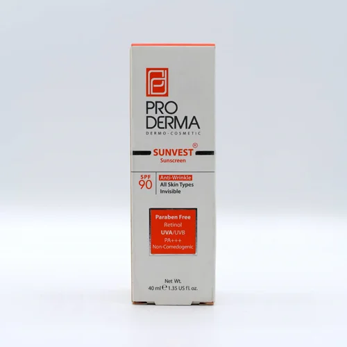 کرم ضدآفتاب و ضدچروک SPF90 پرودرما فاقد رنگ ProDerma Sunvest Sunscreen SPF90 All Skin 40 ml