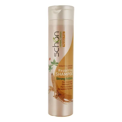 شامپو حجم دهنده شون حاوی عصاره جینسینگ و کراتین مناسب موهای آسیب دیده و رنگ شده Schon Ginseng And keratin Extract Repairing Shampoo For Damaged And Colored Hair 400 ml