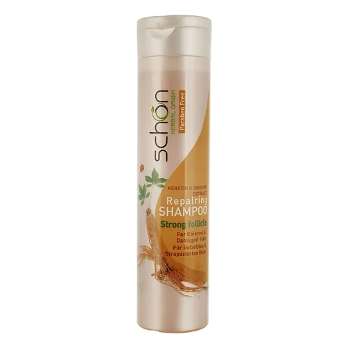 شامپو حجم دهنده شون حاوی عصاره جینسینگ و کراتین مناسب موهای آسیب دیده و رنگ شده Schon Ginseng And keratin Extract Repairing Shampoo For Damaged And Colored Hair 400 ml