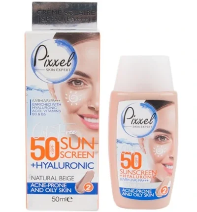 کرم ضدآفتاب رنگ بژ طبیعی پیکسل SPF50 پوست‌های چرب و جوش دار 50میل Pixxel Sunscreen