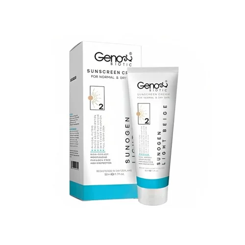 كرم ضد آفتاب رنگی پوست خشک ژنو بایوتیک SPF50 بژ روشنGenobiotic SunoGen Sunscreen Cream for Normal and Dry Skin light beige SPF50 50 gr
