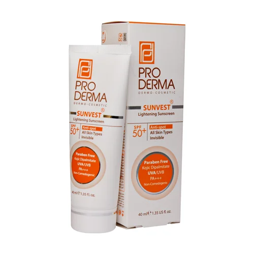 کرم ضد آفتاب و روشن کننده SPF 50 پرودرما فاقد رنگ Pro Derma Sunvest Lightening Sunscreen SPF50+ 40 ml