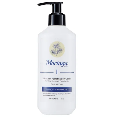 لوسیون بدن مورینگا امو مدل آبرسان 1 حجم 300 میلی لیتر300 Moringa Emo 1 Ultra Light Hydrating Body Lotion for All skin Types 300 ml
