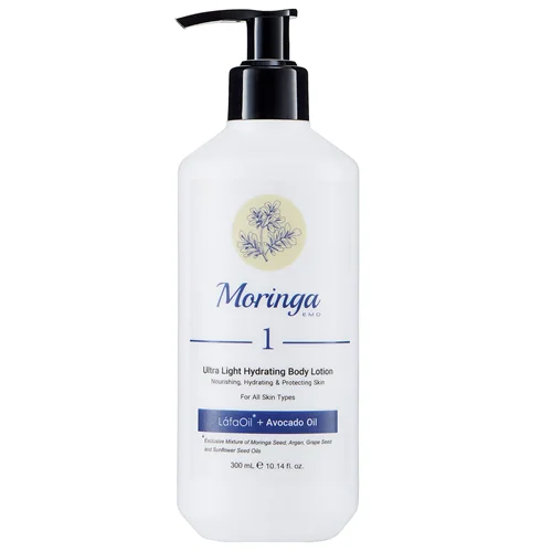 لوسیون بدن مورینگا امو مدل آبرسان 1 حجم 300 میلی لیتر300 Moringa Emo 1 Ultra Light Hydrating Body Lotion for All skin Types 300 ml