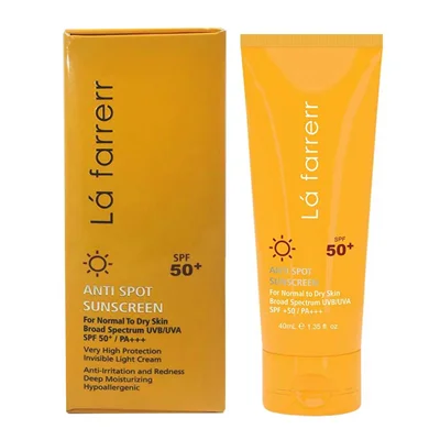 کرم ضد آفتاب و ضد لک بی رنگ پوست های خشک و معمولی SPF50 لافارر 40ml