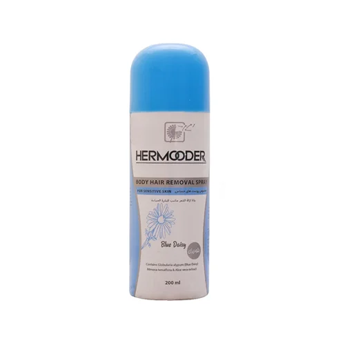 اسپری موبر بدن بلودیزی هرمودر مناسب پوست های حساس ۲۰۰ میلی لیتر Hermooder Hair Removal Spray Blue Daisy For Sensitive Skins 200 ml