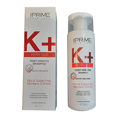 شامپو فاقد سولفات موهای کراتینه شده پرایم مدل +K حجم 250 میلی لیتر Prime K+ Kera Silk Post Keratin Shampoo 250 ml