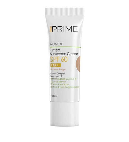 کرم ضد آفتاب فاقد چربی کرم پودری SPF60 مناسب پوست چرب پریم(بژ روشن )Prime Acnex Sunscreen Cream light beige SPF60 40 ml