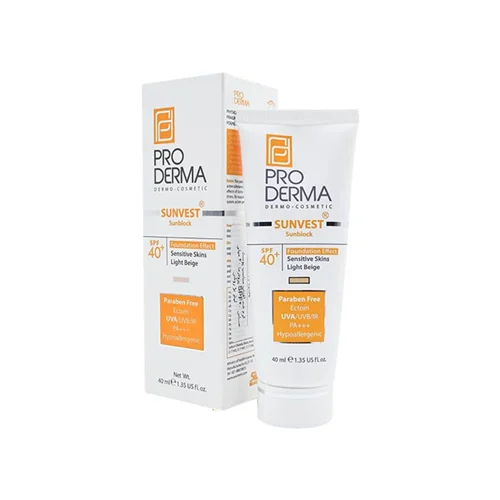 کرم ضد آفتاب رنگی پرودرما مدل Sunvest  پوست حساس حجم 40 میلی لیتر بژ روشن ProDerma Sunvest Sunblock SPF40⁺ Foundation Effect Sensitive Skin 40 ml