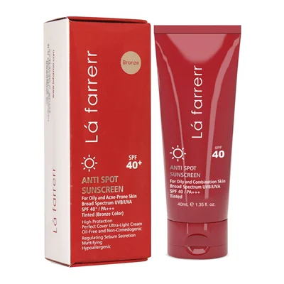 کرم ضد آفتاب رنگی SPF40 پوست چرب لافارر (رنگ روشن) ضد لک 40 میلی لیتر La Farrerr Anti Spot Sunscreen Cream for Oily and Acne Prone Skin SPF40 40 ml