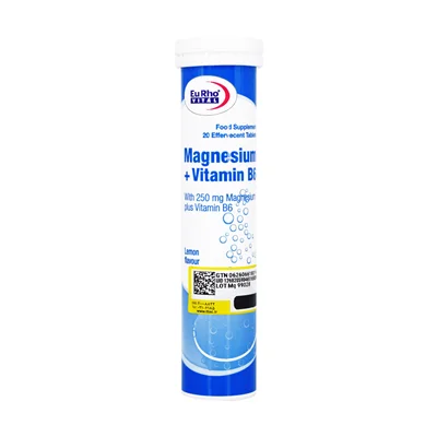 قرص جوشان منیزیم و ویتامین B6 یوروویتال بسته 20 عددی طعم لیمو_Eurho Vital Magnesium And Vitamin B6 20 Effervecent Tabs