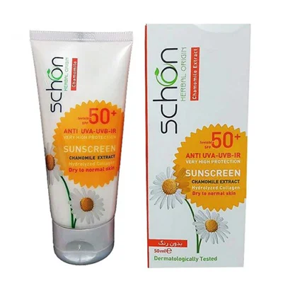 کرم ضد آفتاب بی رنگ مناسب پوست خشک تا نرمال +SPF50 شون 50 میلی لیتر Schon Sunscreen SPF50⁺ Cream For Normal And Dry Skins
