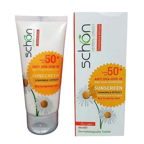 کرم ضد آفتاب بی رنگ مناسب پوست خشک تا نرمال +SPF50 شون 50 میلی لیتر Schon Sunscreen SPF50⁺ Cream For Normal And Dry Skins