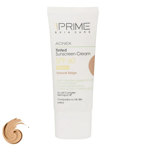 کرم ضد آفتاب رنگی (بژ طبیعی )فاقد چربی پرایم SPF60 مناسب پوست های چرب و دارای جوش ۴۰ میلی لیترPrime Acnex Beige SPF60 Sunscreen Cream 40ml